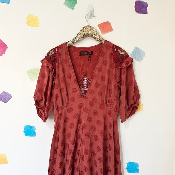 S Free People Red Print Lace Empire Waist Maxi Dress - Picture 1 of 5